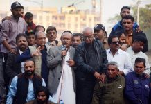 Pakistan People's Party (PPP) Sindh President Nisar Khuhro addresses" Pur Aman Karachi Sab Ka Karachi" rally organized by PPP Karachi Division from Bilawal Chowrangi to Star Gate.