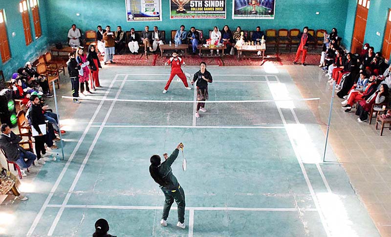 Students of Government Girls Degree College Larkana and Government Girls Degree College Shikarpur teams in action during the Badminton Final Match at 5th Sindh College Games 2023