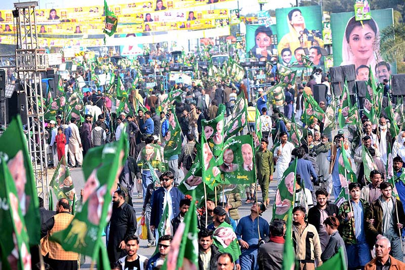 PMLN Vice President and Chief Organizer Maryam Nawaz addressing a public gathering outside the Allama Iqbal International airport