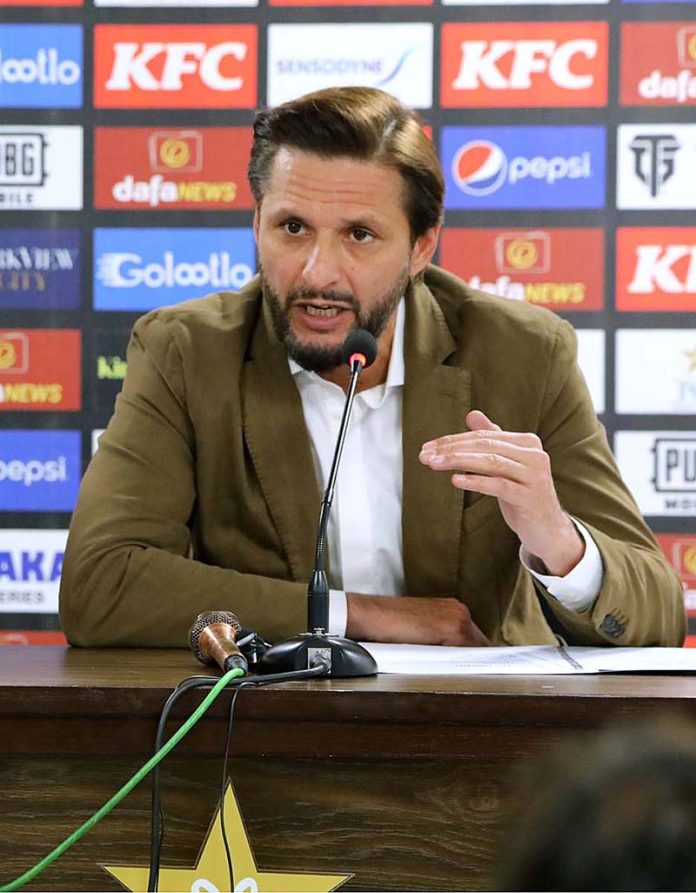 Chief selector of the Pakistan cricket team Shahid Khan Afridi, addressing a press conference and announcing the ODI squad for the series against New Zealand at the National Stadium.