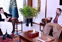 Chairman Senate Muhammad Sadiq Sanjarani Exchanging views with Mr Zmarak Khan Achakzai Provincial Finance Minister of the Government of Balochistan at Parliament House