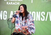 A female singer giving audition during Pakistan Youth talent hunt festival as a large number of male and female students from different colleges and universities participated in the Festival