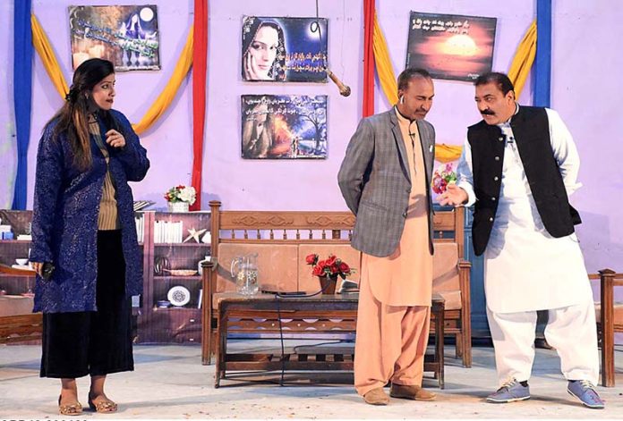 Artists performing in a drama “Shaadi Shauk Ki” Presenting by Arts Council of Pakistan in collaboration with Sindh Culture Department at Open Air Theater.
