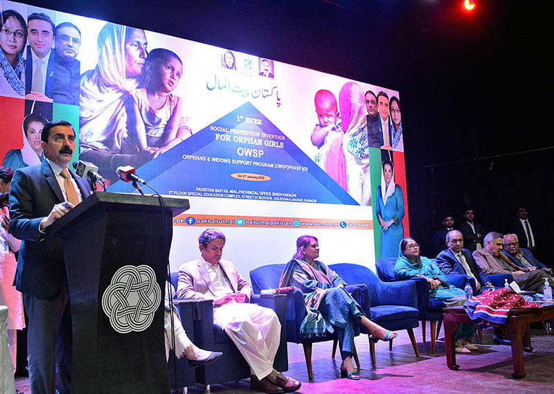 Senator Waqar Mehdi addressing the launching ceremony of Pakistan Bait ul Mall’s Orphans and Widows Support Program at Arts Council of Pakistan