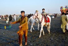 Horse owner giving a ride to a child to earn livelihood for his family at Seaview beach Clifton