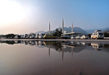 A phenomenal view of Faisal Masjid reflections in accumulated water after rain in Federal Capital.