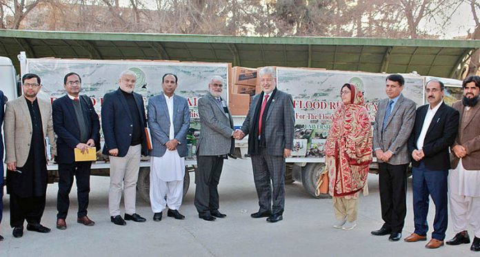 Students and Faculty members of UOB handed over goods and other necessary items to Chairman of Higher Education Commissioner for Flood victims of Balochistan