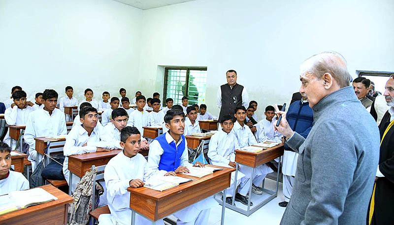Prime Minister Muhammad Shehbaz Sharif Interacting with the students after Inaugurating the new building of Govt. Boys Secondary School Ghulam Rasool Jia Khan.