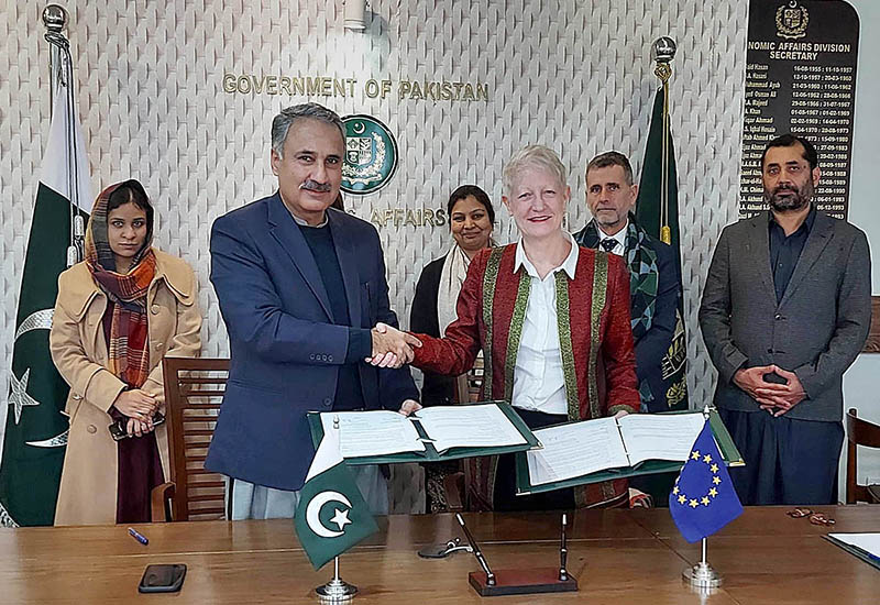 Dr. Kazim Niaz, Secretary Ministry of Economic Affairs and Dr. Riina Kionka, Ambassador of the European Union have signed agreements for three new development programmes with a funding of EUR87 million by the European Union