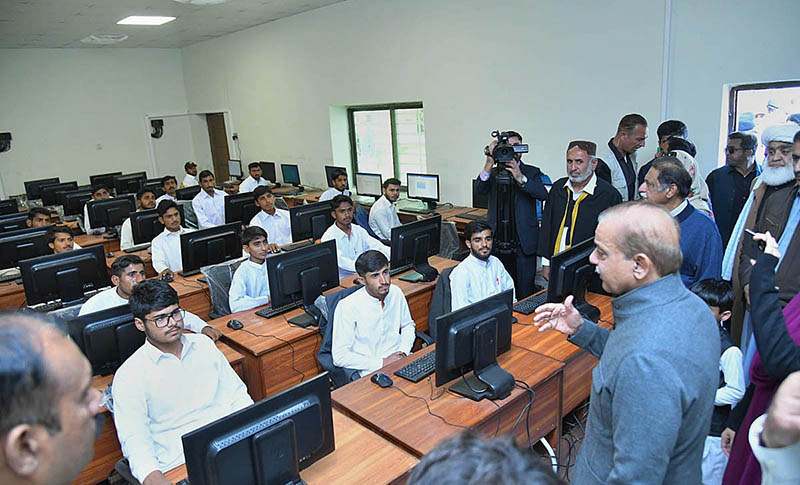 Prime Minister Muhammad Shehbaz Sharif Interacting with the students after Inaugurating the new building of Govt. Boys Secondary School Ghulam Rasool Jia Khan.