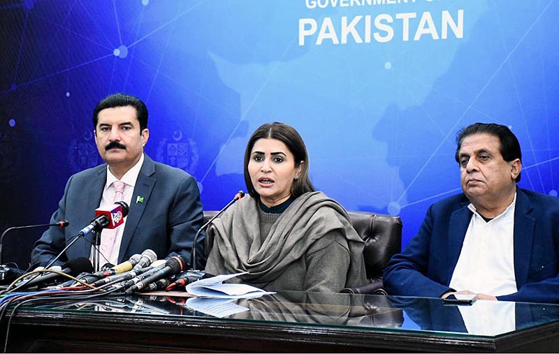 Ms Shazia Marri, Federal Minister/Chairperson Benazir Income Support Program (BISP) addressing a joint Press Conference with Faisal Karim Kundi, Minister of State