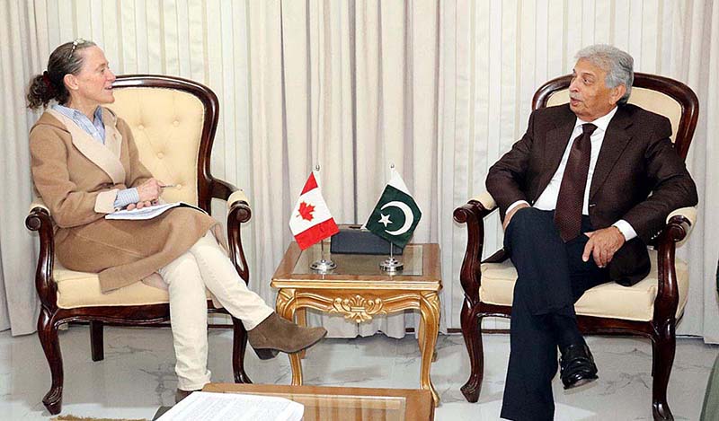 Canadian High Commissioner, H.E. Ms. Leslie Scanlona calls on the Federal Minister for Education and Professional Training, Rana Tanveer Hussain at his office