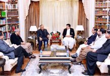 Federal Minister for Finance and Revenue, Senator Mohammad Ishaq Dar in a meeting with Chairman Senate Muhammad Sadiq Sanjrani, Acting Governor Baluchistan, Mir Jan Mohammad Jamali and Baluchistan Provincial Minister, Mr. Zamrak Khan Achakzai
