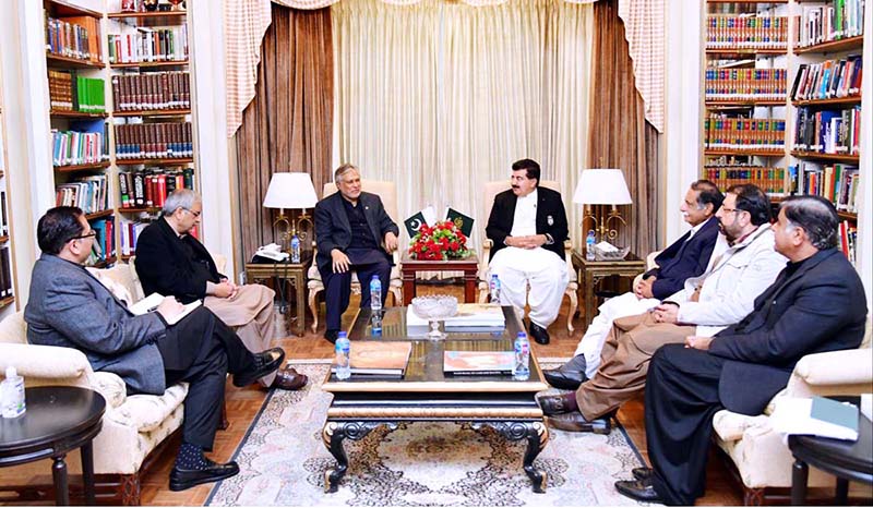 Federal Minister for Finance and Revenue, Senator Mohammad Ishaq Dar in a meeting with Chairman Senate Muhammad Sadiq Sanjrani, Acting Governor Baluchistan, Mir Jan Mohammad Jamali and Baluchistan Provincial Minister, Mr. Zamrak Khan Achakzai