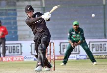 New Zealand's Finn Allen plays a shot during the first One-Day International (ODI) cricket match between Pakistan and New Zealand at the National Stadium