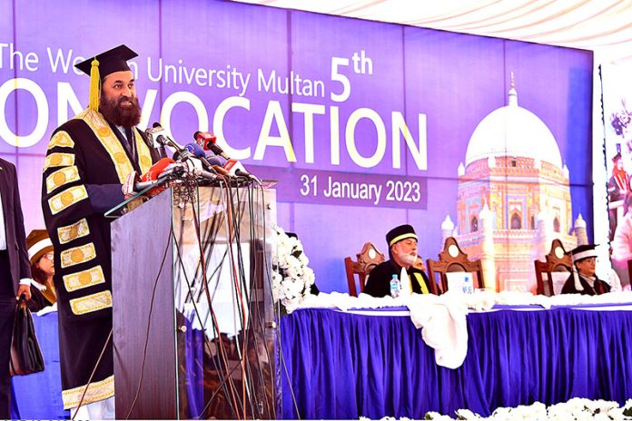 Governor of Punjab Muhammad Baligh Ur Rehman addresses during the 5th Convocation of The Women University Mattiltal Campus