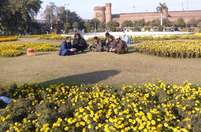 People keeping themselves warm while sitting in sun light in the city