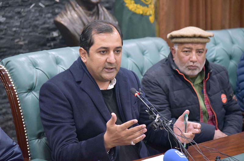 Chief Minister Gilgit-Baltistan Khalid Khurshid Khan addressing press conference at CM Secretariat