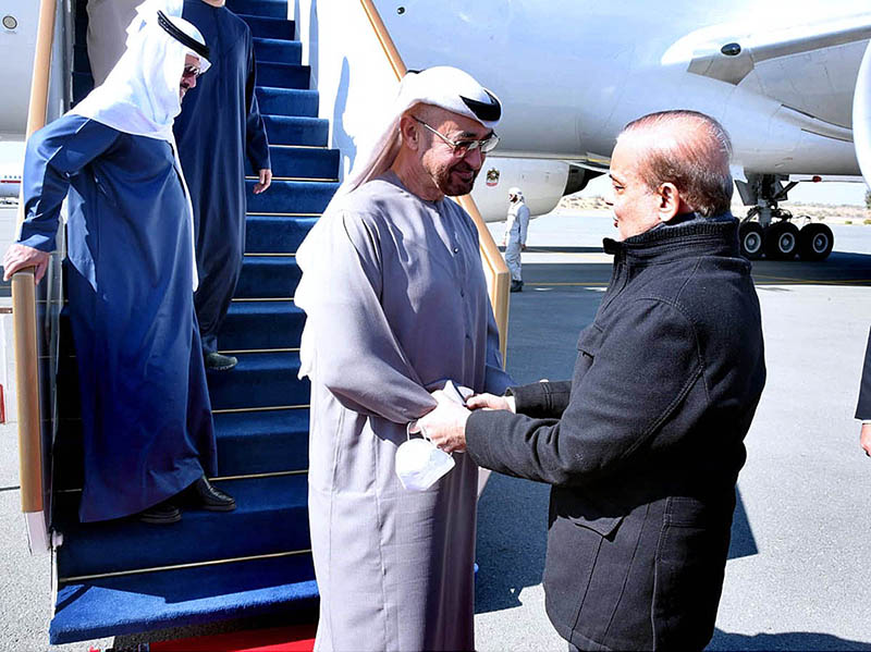 Prime Minister Muhammad Shehbaz Sharif receiving H.E. Mohammad Bin Zayed Al-Nahyan President of UAE at Chandna Airport.