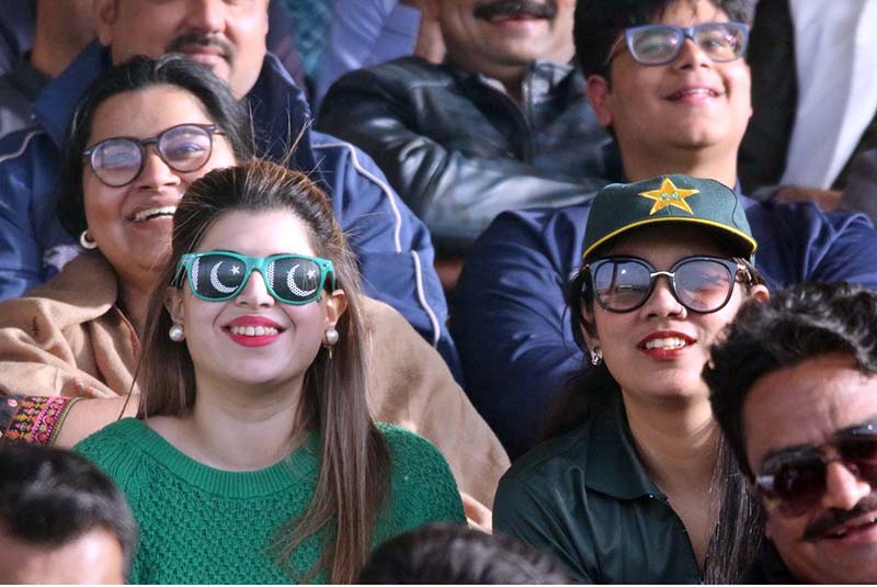 Cricket fans enjoying during the third and final one-day international (ODI) cricket match between Pakistan and New Zealand at the National Stadium