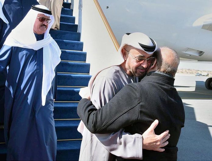 Prime Minister Muhammad Shehbaz Sharif receiving H.E. Mohammad Bin Zayed Al-Nahyan President of UAE at Chandna Airport.