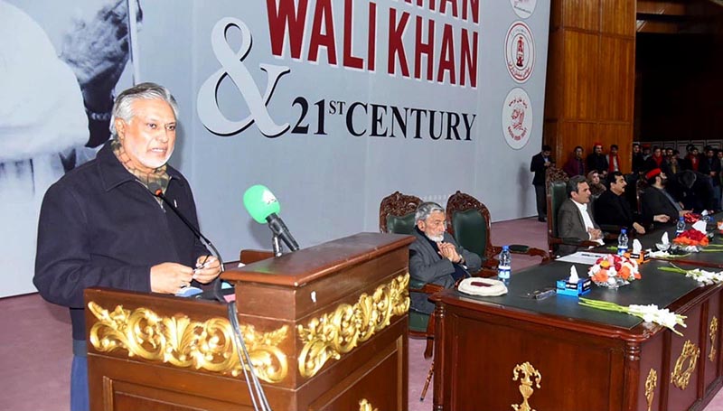 Federal Minister for Finance and Revenue Senator Mohammad Ishaq Dar addressing “Bacha Khan, Wali Khan & 21 Century” Conference.