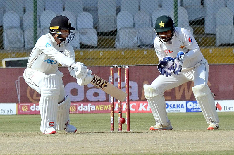 New Zealand's Devon Conway plays a shot during the first day of the second cricket Test match between Pakistan and New Zealand at the National Stadium