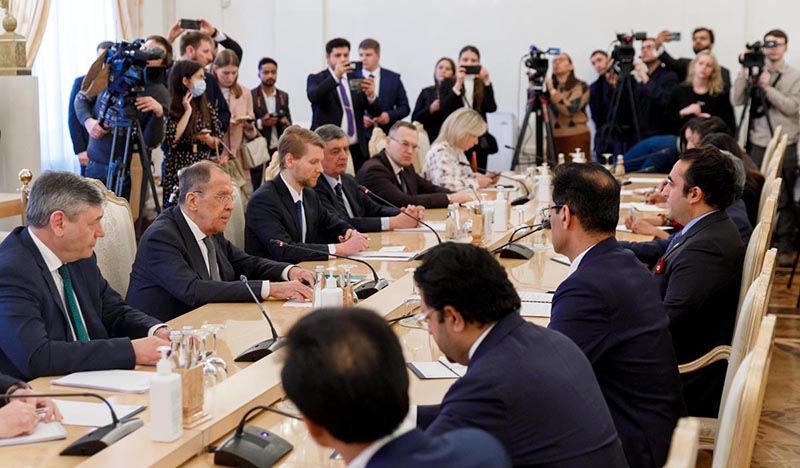 Foreign Minister Bilawal Bhutto in a meeting with his Russian counterpart Sergey Lavrov in Moscow