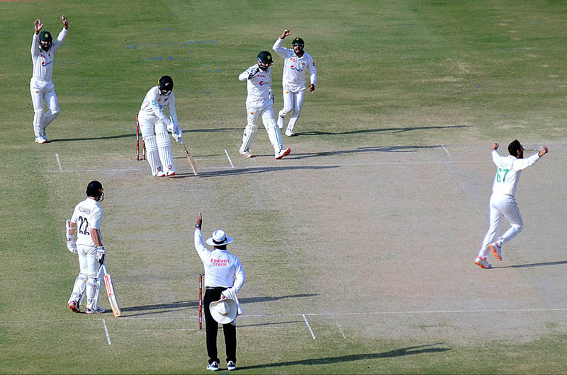 New Zealand's Devon Conway plays a shot during the first day of the second cricket Test match between Pakistan and New Zealand at the National Stadium