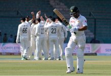 New Zealand celebrates after taking a wicket of a Pakistani player Abdullah Shafique during the second day of the second cricket test match between Pakistan and New Zealand at the National Stadium