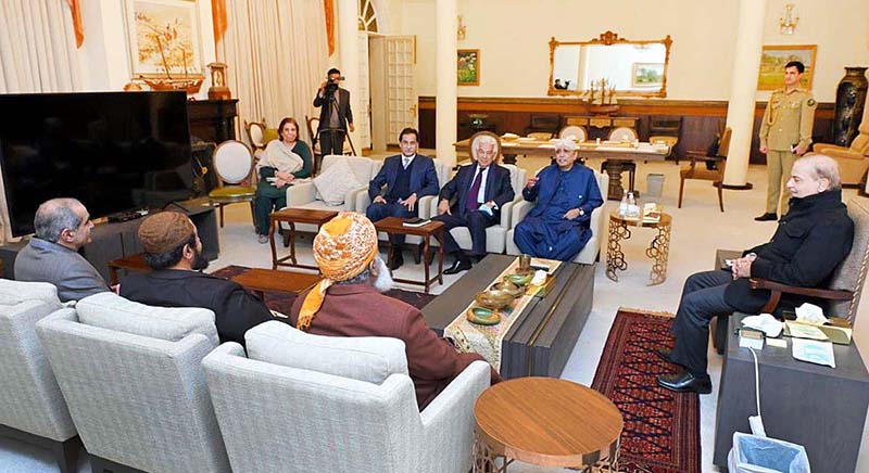 Prime Minister Muhammad Shehbaz Sharif in a meeting with Former President, Asif Ali Zardari and JUI (F) Chief, Maulana Fazal-Ur-Rehman along with other senior leaders