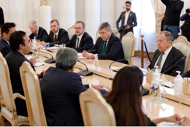 Foreign Minister Bilawal Bhutto in a meeting with his Russian counterpart Sergey Lavrov in Moscow