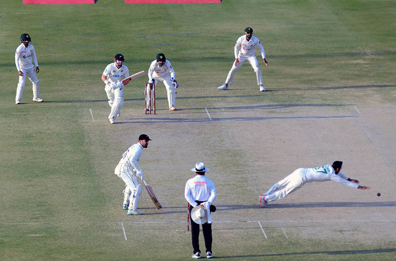 New Zealand's Devon Conway plays a shot during the first day of the second cricket Test match between Pakistan and New Zealand at the National Stadium