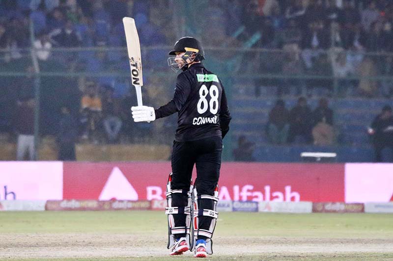 New Zealand Devon Conway celebrates after scoring half-century (50 runs) during the third and final One-Day International (ODI) cricket match between Pakistan and New Zealand at the National Stadium