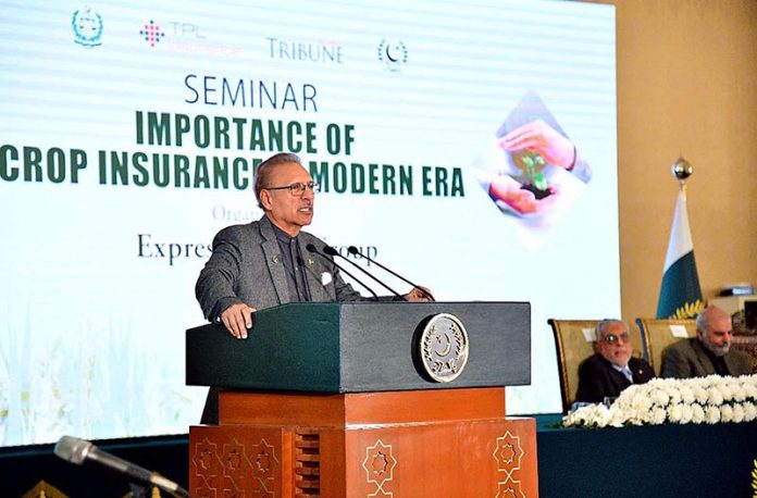 President Dr. Arif Alvi addressing the Seminar on the Importance of Crop Insurance in the Modern Era, at Aiwan-e-Sadr in Federal Capital.