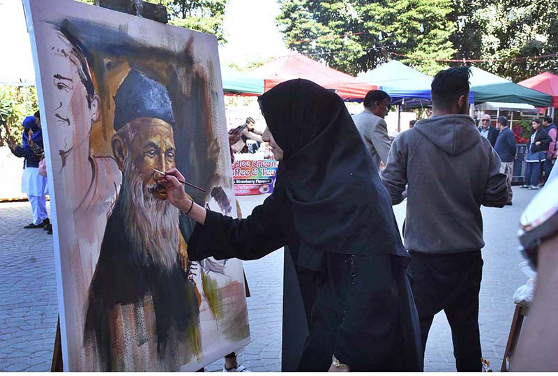 Participants are participating in painting competition during Pakistan Youth Festival 2023 organized by Arts Council of Pakistan Karachi