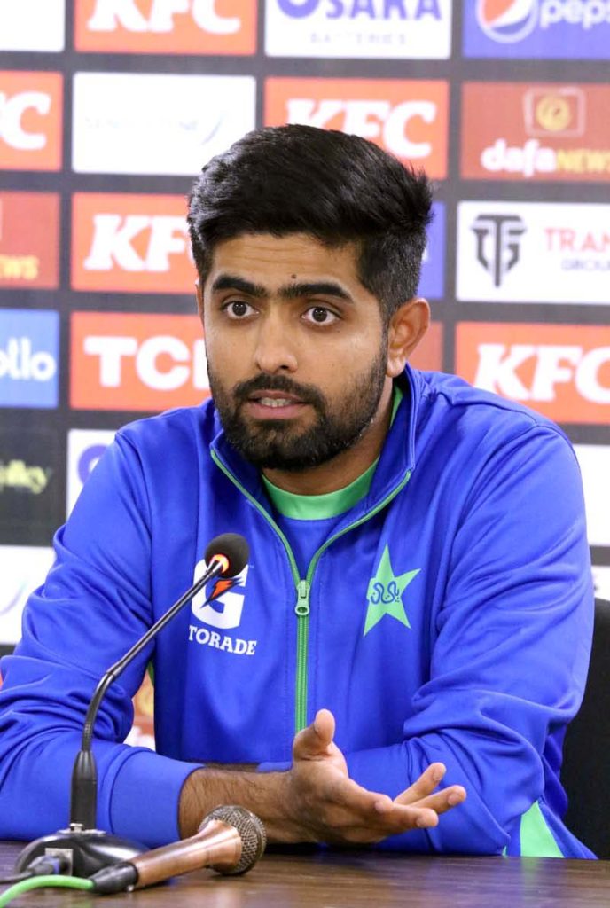Pakistan's skipper Babar Azam, speaks during a press conference, after Drawn Match and Test Series during the fifth and final day of the second cricket Test match between Pakistan and New Zealand at the National Stadium