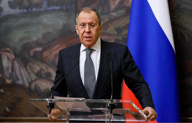 Minister of Foreign Affairs of the Russian Federation Sergey Lavrov addressing a press conference