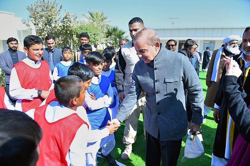 Prime Minister Muhammad Shehbaz Sharif interacting with the students after inaugurating the new building of Govt Boys Secondary School, Ghulam Rasool, Jia Khan.