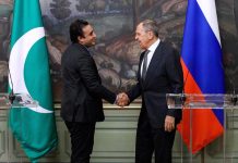 Foreign Minister Bilawal Bhutto shaking hands with Minister of Foreign Affairs of the Russian Federation Sergey Lavrov after the press conference
