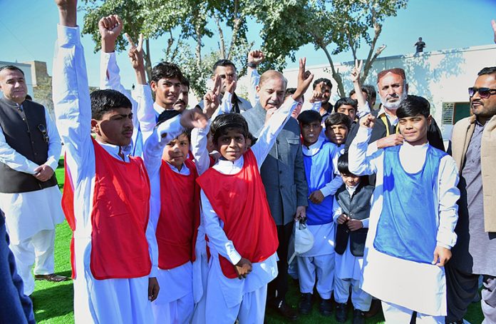 Prime Minister Muhammad Shehbaz Sharif interacting with the students after inaugurating the new building of Govt Boys Secondary School, Ghulam Rasool, Jia Khan.