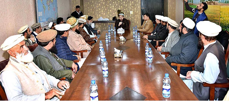 Acting Chairman Senate, Senator Mirza Muhammad Afridi exchanging views with a tribal delegation led by Ex-Senator Aurangzeb Khan at Parliament House