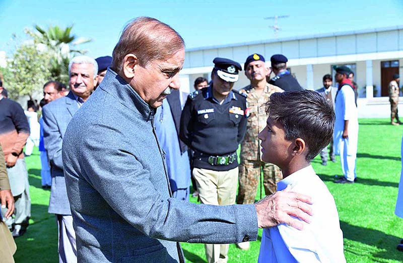 Prime Minister Muhammad Shehbaz Sharif interacting with the students after inaugurating the new building of Govt Boys Secondary School, Ghulam Rasool, Jia Khan.