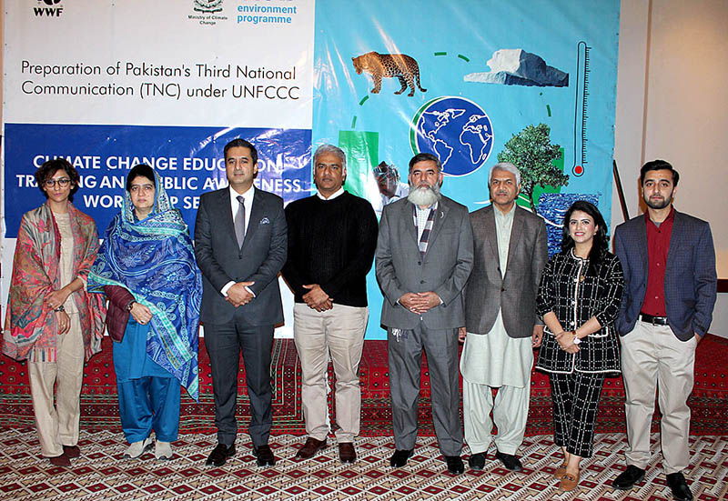 A group photo of former speaker Balochistan Assembly Rahila Durani and other participants of a workshop on education, training and awareness of climate, pose for group photo