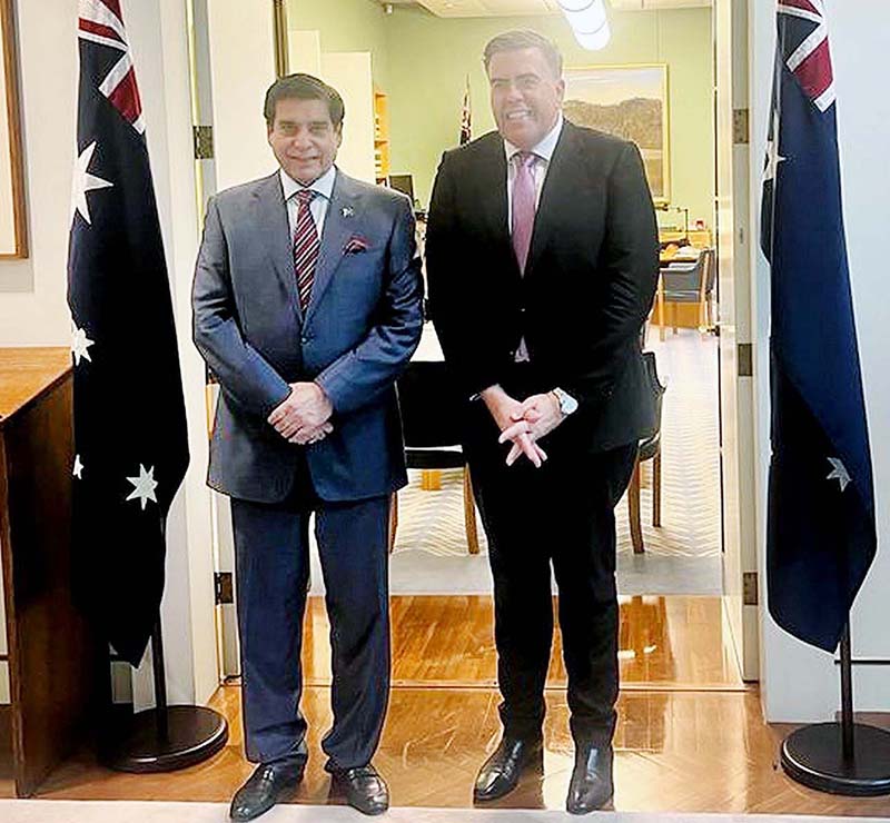 Speaker of the Australian House of Representatives Milton Dick receiving Speaker National Assembly Raja Pervez Ashraf on the sidelines of 26th Conference of the Speaker and Presiding Officers of the Commonwealth