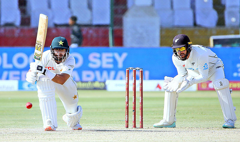 New Zealand celebrates after taking a wicket of a Pakistani player Abdullah Shafique during the second day of the second cricket test match between Pakistan and New Zealand at the National Stadium