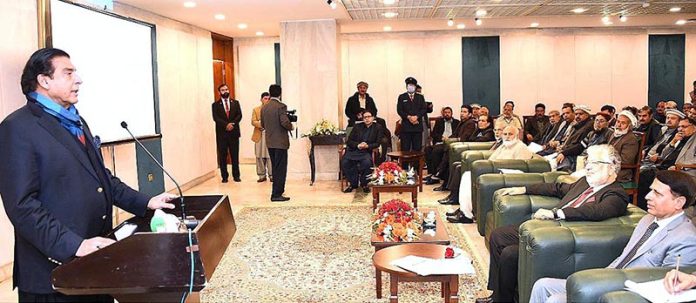 Speaker National Assembly Raja Pervez Ashraf addressing the notables of his constituency regarding establishment of Sub-Campus of university of Punjab, Gujjar Khan at Parliament House