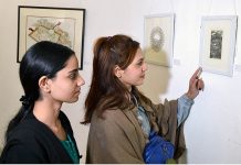 Students from different universities are coming to see the artworks of the students from Fatima Jinnah University Rawalpindi at Al Hamra Art Gallery