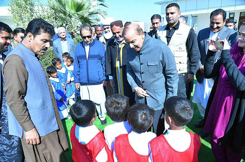 Prime Minister Muhammad Shehbaz Sharif interacting with the students after inaugurating the new building of Govt. Boys Secondary School Ghulam Rasool, Jia Khan in Sohbatpur, Balochistan.