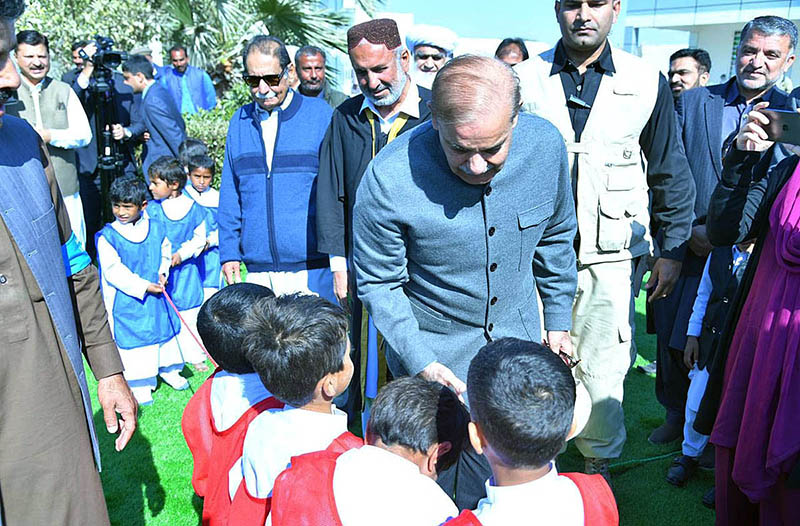 Prime Minister Muhammad Shehbaz Sharif interacting with the students after inaugurating the new building of Govt. Boys Secondary School Ghulam Rasool, Jia Khan in Sohbatpur, Balochistan.